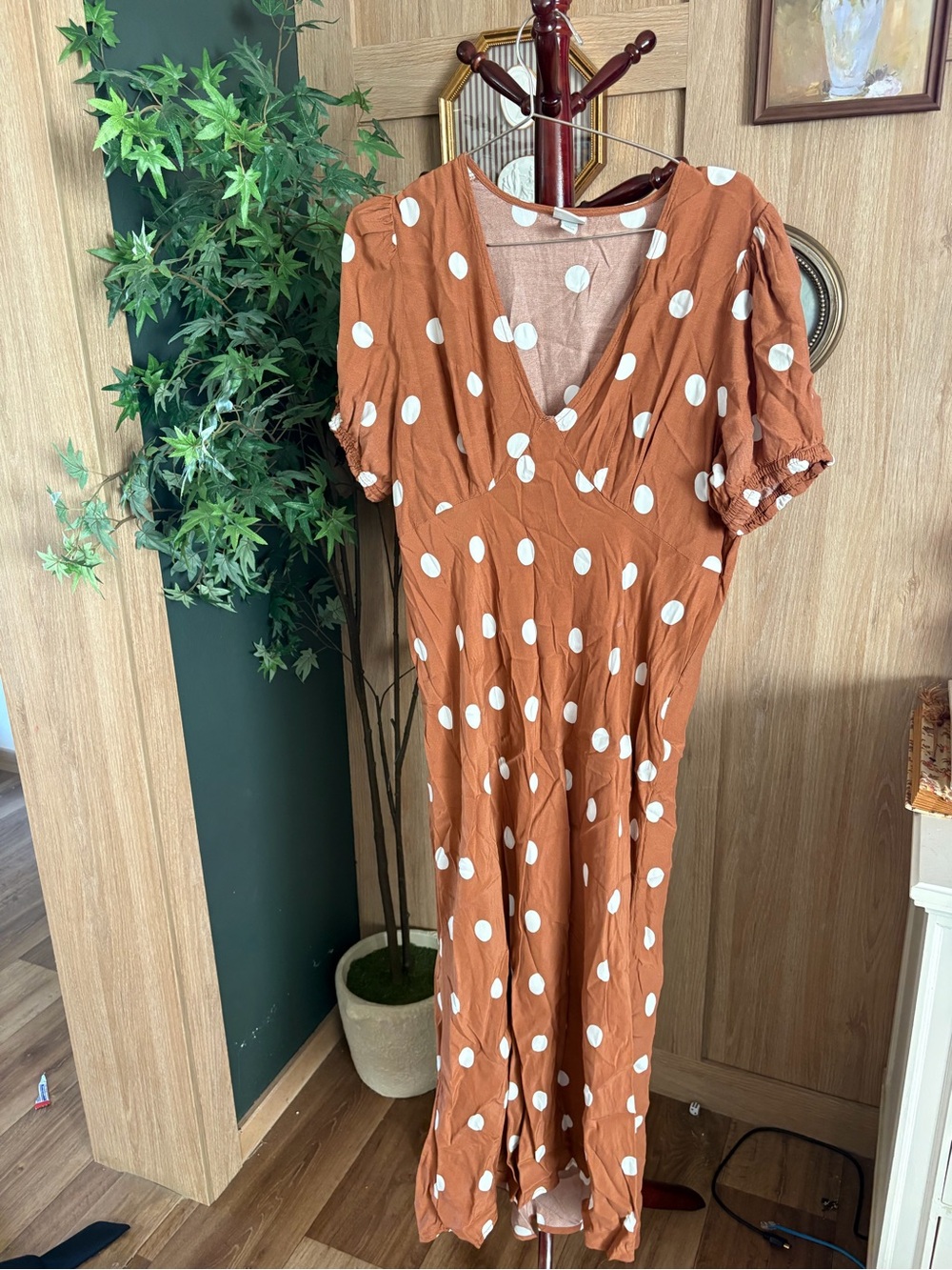 a new day Rust Brown Polka Dot Midi Dress